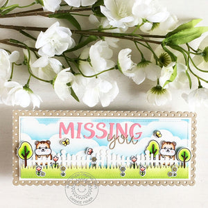Sunny Studio Missing You Hamsters with butterflies and Fence Slimline Card (using Happy Hamsters 3x4 Clear Stamps)