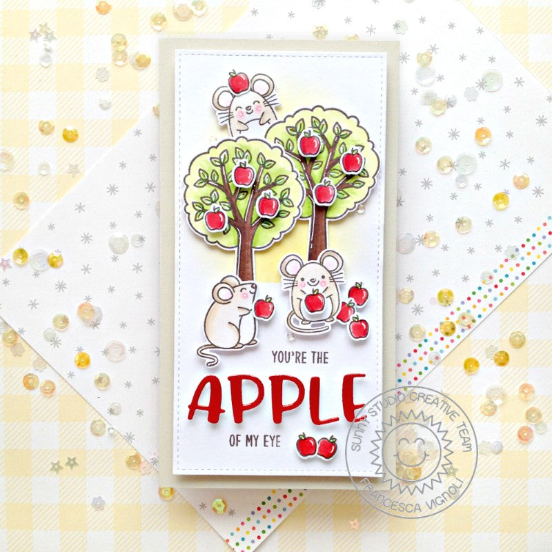 Sunny Studio Stamps You're The Apple of My Eye Mice Picking Apples Slimline Card (using Chloe Alphabet Metal Cutting Dies)