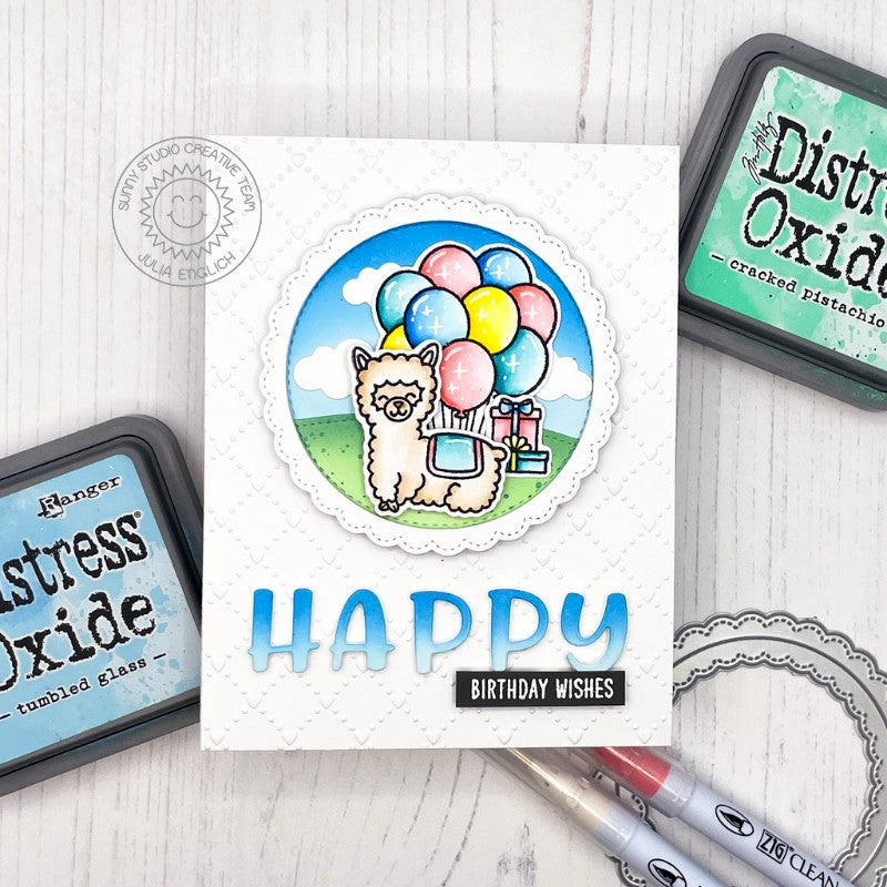 Sunny Studio Stamps Alpaca Llama with Balloons Happy Birthday Wishes Card (using Chloe Alphabet Metal Cutting Dies)