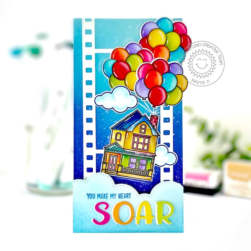 Sunny Studio Stamps You Make My Heart Soar House Floating with Balloons Up Inspired Card (using Fall Flicks Filmstrip Metal Cutting Dies)