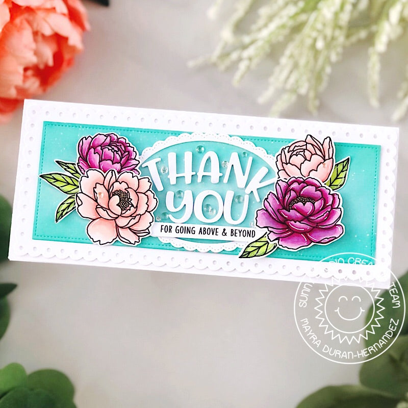 Sunny Studio Stamps Thank You For Going Above & Beyond Floral Peonies Slimline Card using Chloe Alphabet Metal Cutting Dies