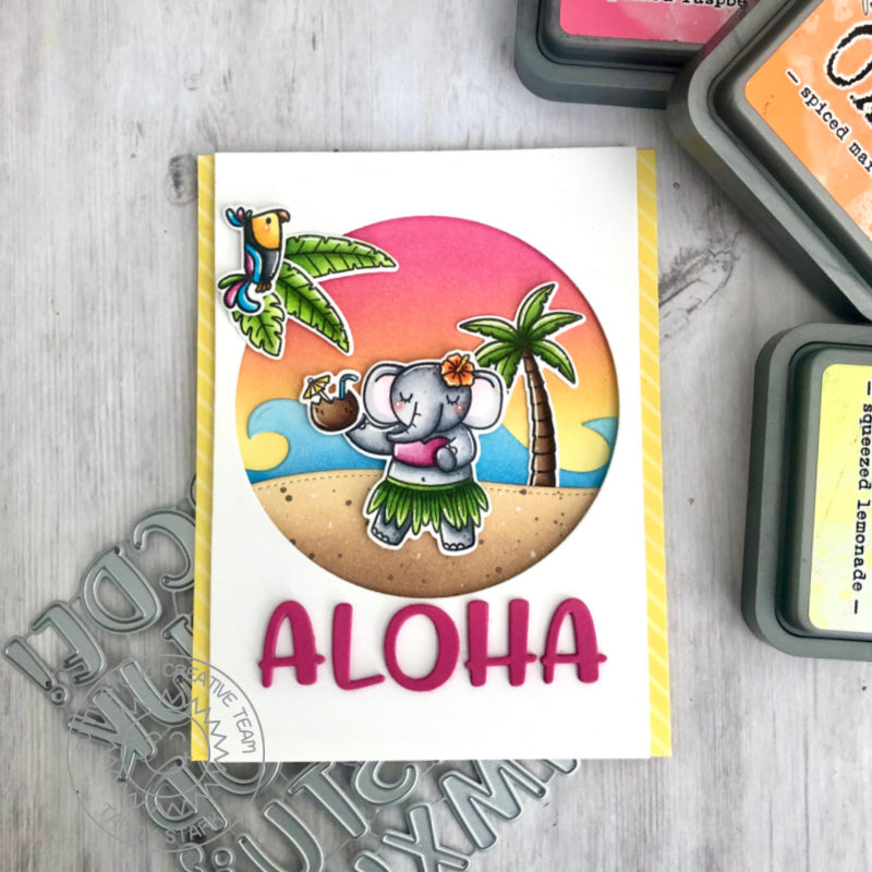Sunny Studio Stamps Aloha Tropical Elephant & Bird Island Themed Summer Card using Chloe Alphabet Metal Cutting Dies