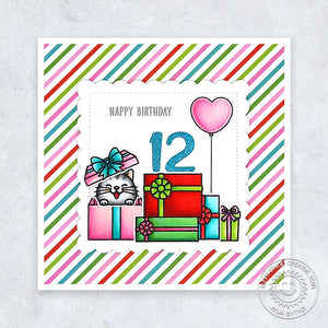 Sunny Studio Stamps 12th Birthday Colorful Striped Cat in Gift Box Kids Square Card (using Chloe Number Metal Cutting Dies)
