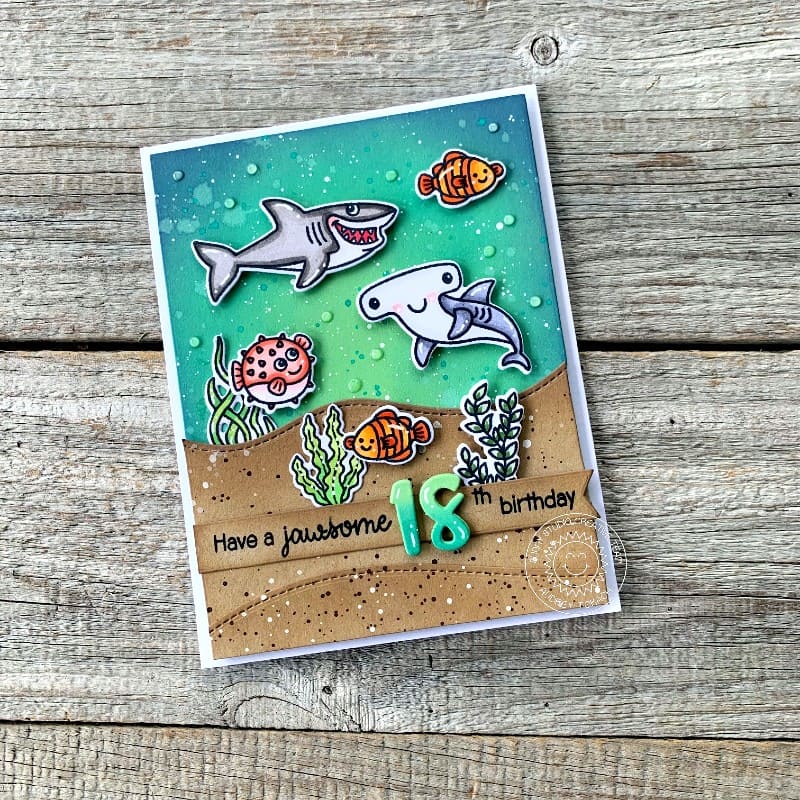 Sunny Studio Stamps Have A Jawesome 18th Birthday Punny Ocean Themed Card (using Chloe Number Alphabet Metal Cutting Dies)