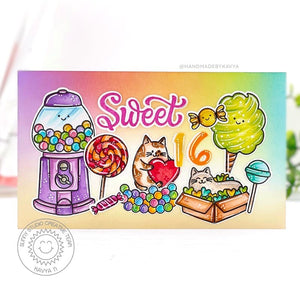Sunny Studio Stamps Sweet Sixteen 16th Birthday Cats Rainbow Gumball Machine Card (using Chloe Numbers Metal Cutting Dies)