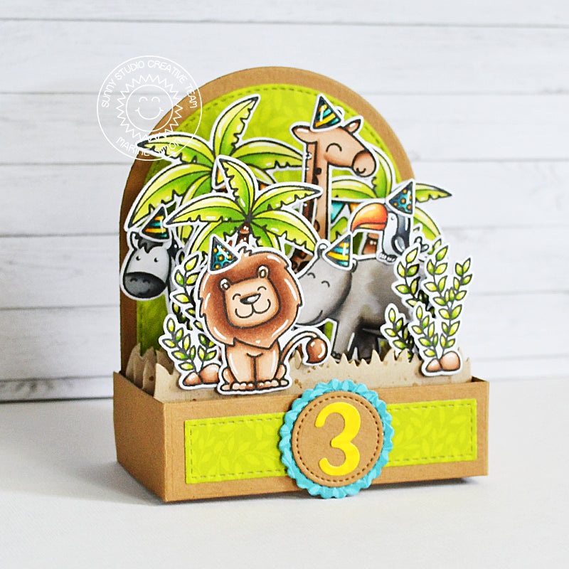 Sunny Studio Stamps 3rd Birthday Kids Zoo Themed Pop-up Box Interactive Card (using Chloe Number Metal Cutting Dies)