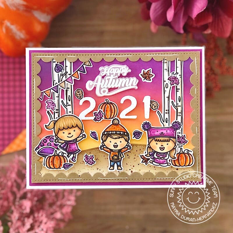 Sunny Studio Happy Autumn 2021 Dated Fall Kids Card (using Chloe Number Metal Cutting Dies)