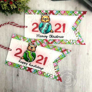 Sunny Studio Stamps Cat & Dog with Ornaments Dated Holiday Christmas Plaid Stitched Gift Tags (using Slimline Pennant Dies)