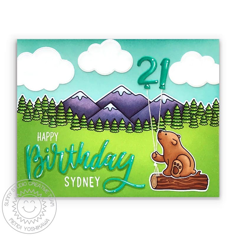 Sunny Studio Stamps Happy 21st Birthday Bear Holding Number Balloons Personalized Card (using Chloe Number Cutting Dies)
