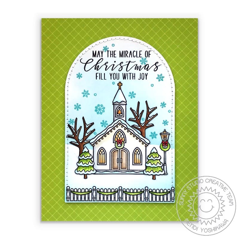 Sunny Studio May The Miracle of Christmas Fill You With Joy Chapel Holiday Card using Inside Greetings Christmas Clear Stamp