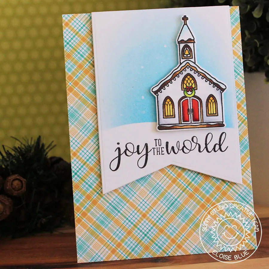 Sunny Studio Joy To The World Plaid Holiday Church Religious Card (using Christmas Chapel 2x3 Clear Stamps)