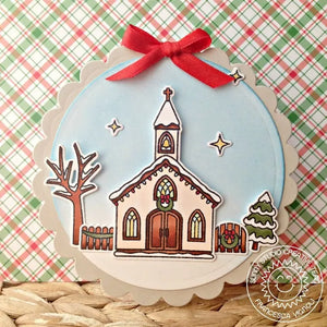 Sunny Studio Stamps Christmas Chapel Church Scalloped Circle Card by Franci