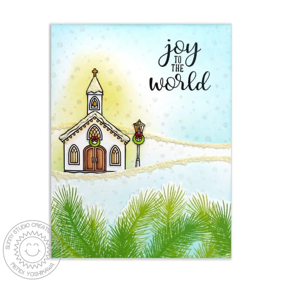 Sunny Studio Stamps Christmas Chapel Joy To The World Glowing Church Holiday Card