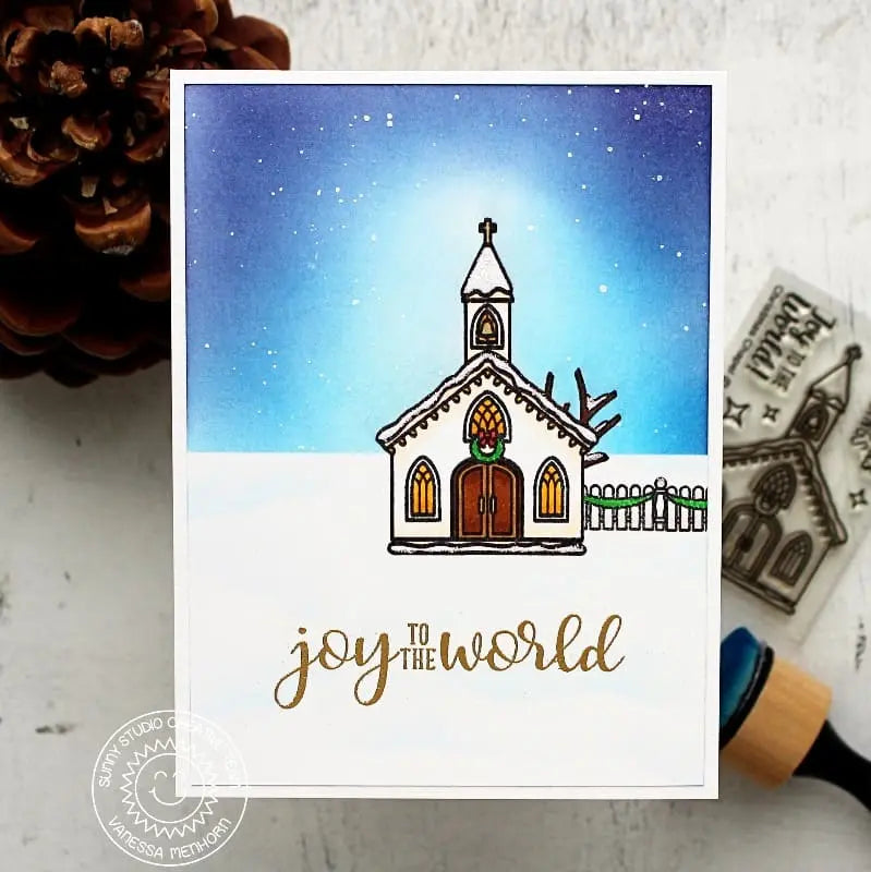 Sunny Studio Stamps Christmas Chapel Joy To the World Holiday Card by Vanessa Menhorn