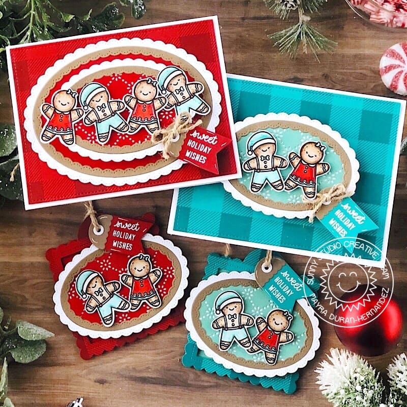 Sunny Studio Red & Teal Buffalo Plaid Gingerbread Man & Girl Scalloped Holiday Card Gift Tags using Christmas Cookies Stamps