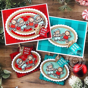 Sunny Studio Stamps Gingerbread Man & Girl Holiday Cards & Gift Tags (using Fancy Frames Oval Stitched Scalloped Metal Cutting Dies)