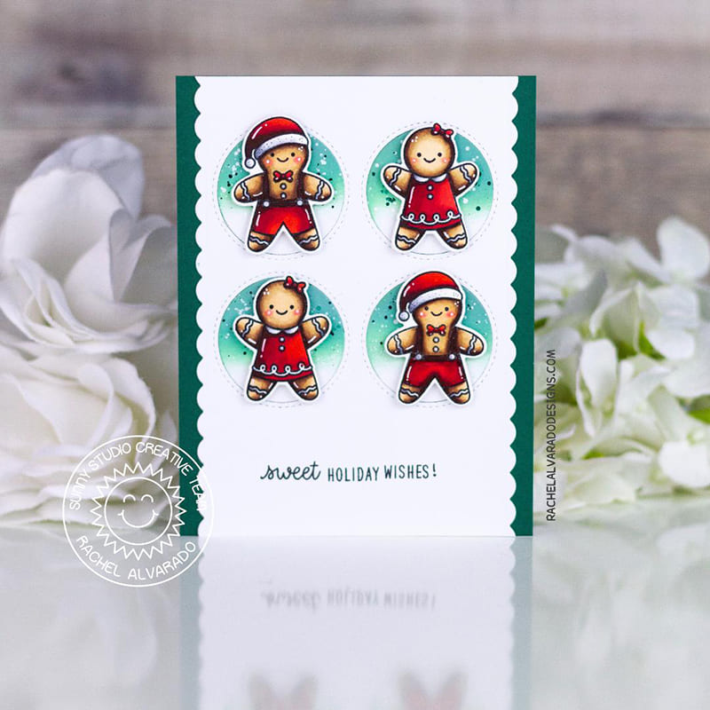 Sunny Studio Teal & Red Scalloped Grid Style Gingerbread Man & Girl Handmade Holiday Card using Christmas Cookies 2x3 Stamps