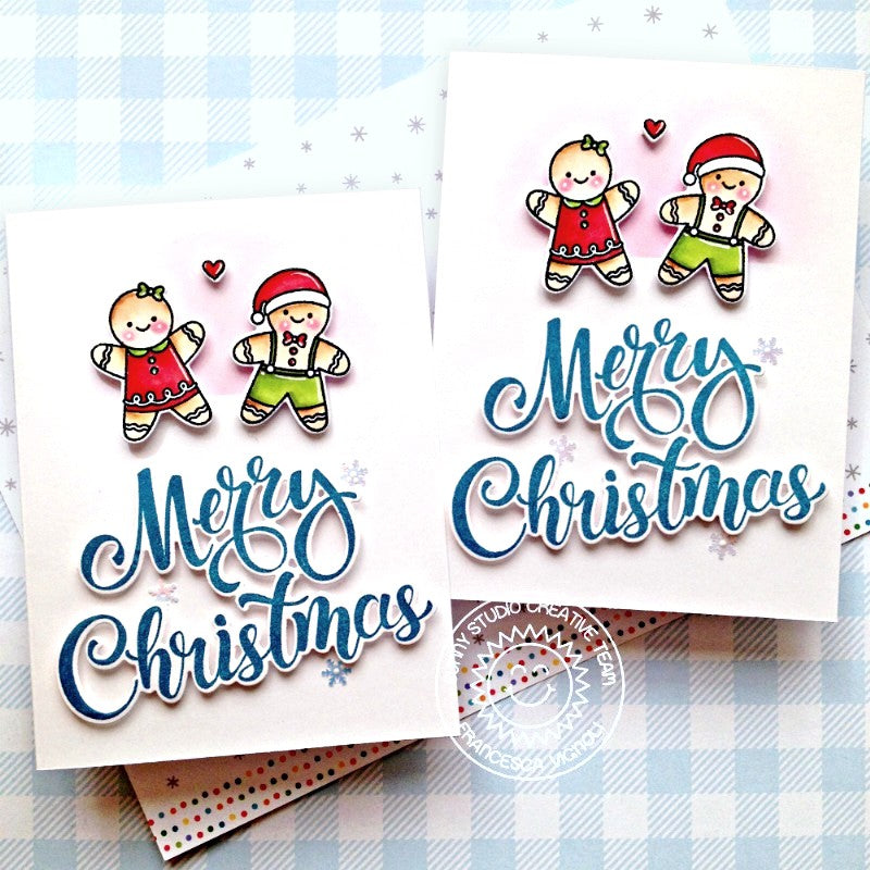Sunny Studio Stamps Merry Christmas Gingerbread Girl & Boy Holiday Card Set using Season's Greetings Word Metal Cutting Dies