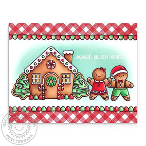 Sunny Studio Sweet Holiday Wishes Red Gingham Gingerbread House with Man & Girl Christmas Card (using Jolly Gingerbread Clear Stamps)