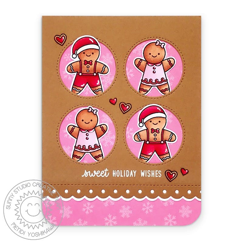 Sunny Studio Gingerbread Scalloped Holiday Christmas Card using Slimline Basic Border Stitched Scalloped Metal Cutting Dies