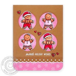 Sunny Studio Pink & Red Snowflake Gingerbread Man & Girl Holiday Card with Scalloped Border using Christmas Cookies Stamps
