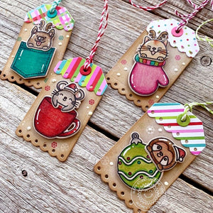 Sunny Studio Dog, Cat, Mouse & Sloth in Mitten, Mug, Gift and Stocking Holiday Gift Tags (using Christmas Critters 4x6 Clear Stamps)