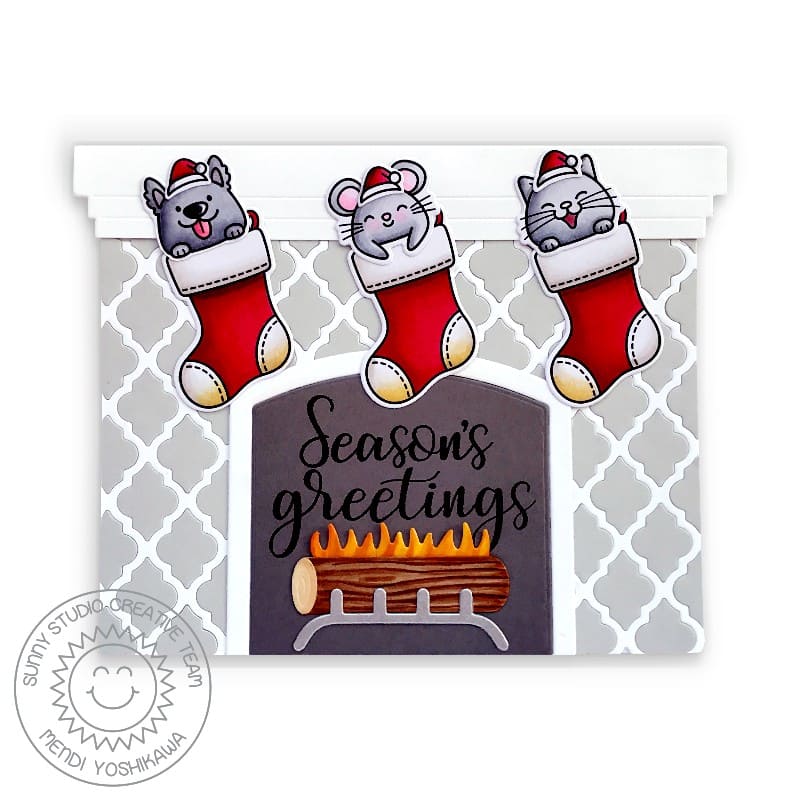 Sunny Studio Stamps Holiday Critters Hanging From Stockings Fireplace  Shaped Christmas Card (using Frilly Frames Quatrefoil Metal Cutting Dies)