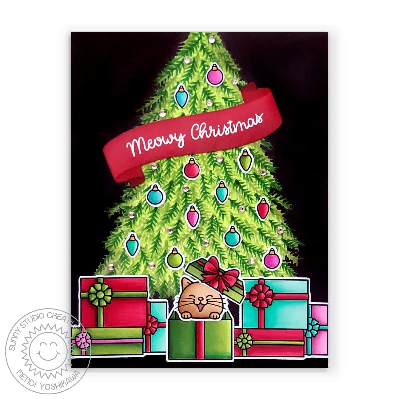 Sunny Studio Meowy Christmas Cat Gift & Presents under Holiday Tree with Ornaments Card (using Lazy Christmas 3x4 Clear Stamps)