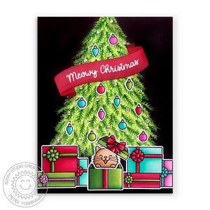 Sunny Studio Meowy Christmas Cat in Gift Box under Holiday Tree with Ornaments Card (using Christmas Critters 4x6 Clear Stamps)