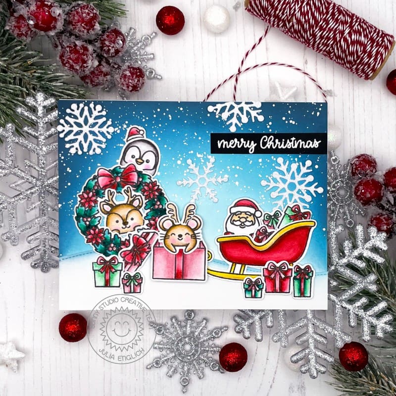 Sunny Studio Critters At the North Pole with Wreath & Santa's Sleigh Holiday Card (using Christmas Critters 4x6 Clear Stamps)