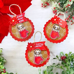 Sunny Studio Stamps Sloth in Mitten with Poinsettia Red Scalloped Holiday Gift Tags (using Window Quad Circle Dies)