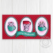 Sunny Studio Mice in Mugs Merry Christmouse Scalloped Oval Mini Slimline Holiday Card (using Christmas Critters 4x6 Clear Stamps)