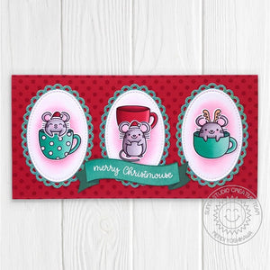 Sunny Studio Mice in Mugs Merry Christmouse Scalloped Oval Mini Slimline Holiday Card (using Christmas Critters 4x6 Clear Stamps)