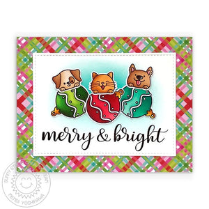 Sunny Studio Merry & Bright Cat & Dog with Ornaments Plaid Holiday Card (using Christmas Critters 4x6 Clear Stamps)