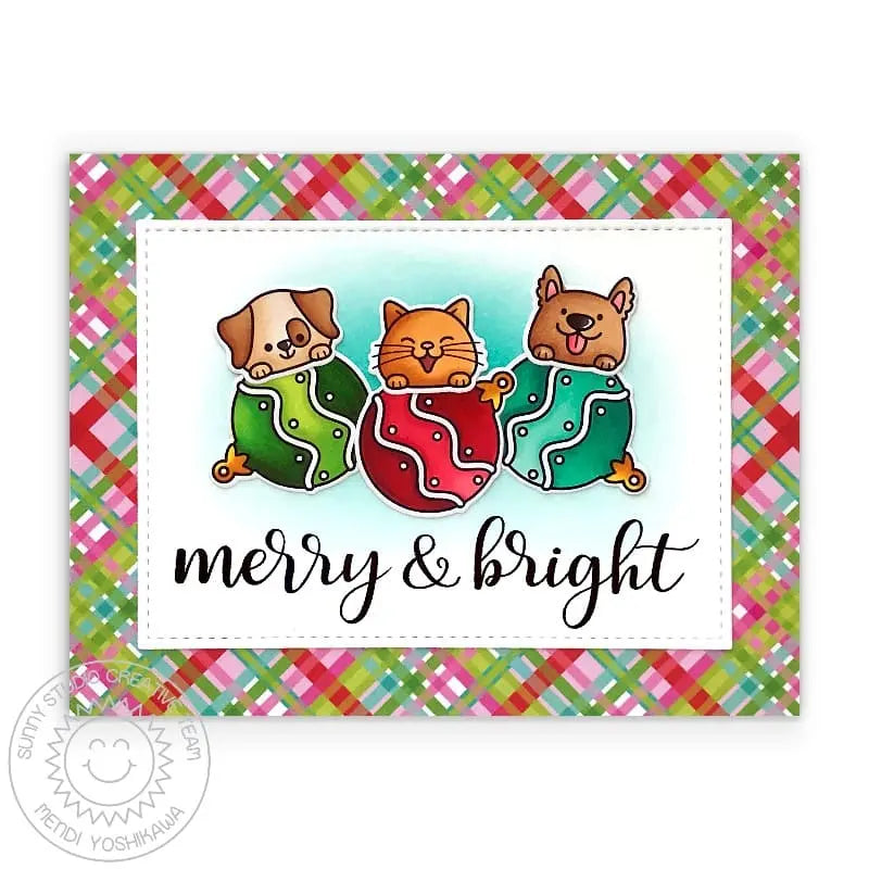 Sunny Studio Cats & Dogs with Large Christms Ornaments Merry & Bright Holiday Card (using Festive Greetings 3x4 Clear Sentiment Stamps)