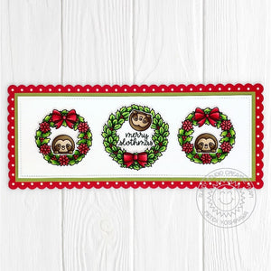 Sunny Studio Merry Slothmas Punny Sloths with Wreaths Scalloped Slimline Holiday Card (using Christmas Critters 4x6 Clear Stamps)