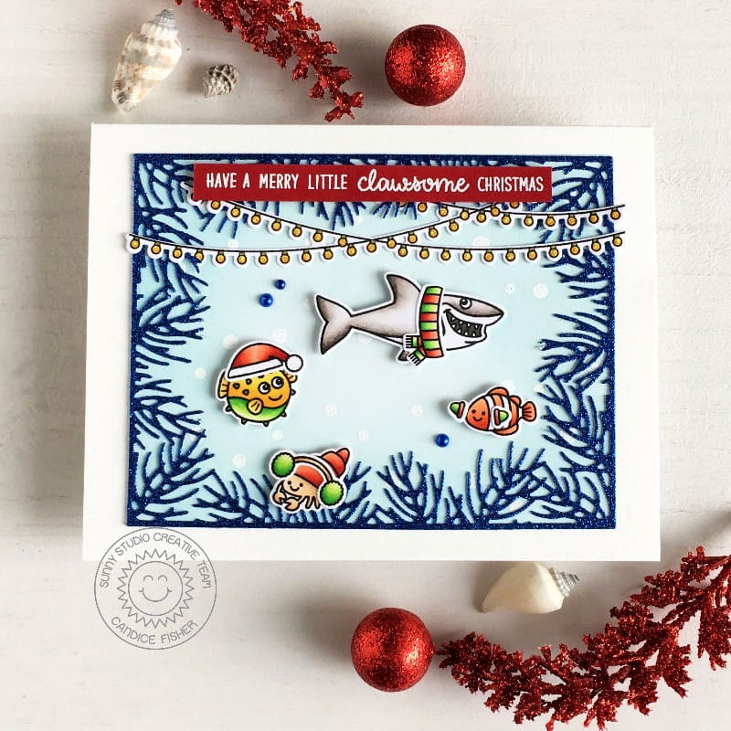 Sunny Studio Stamps Have a Clawsome Christmas Punny Holiday Shark & Fish Ocean Card (using Christmas Garland Frame Dies)