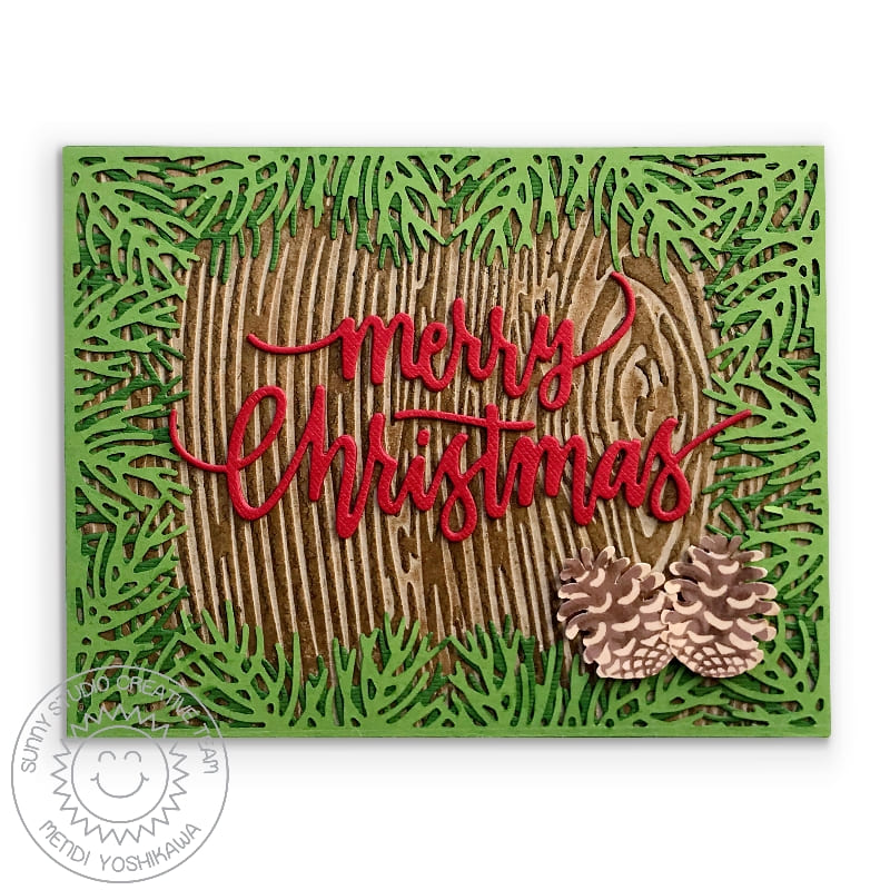 Sunny Studio Stamps Rustic Woodgrain Pinecones and Tree Bough Christmas Card (using Christmas Garland Frame Die)
