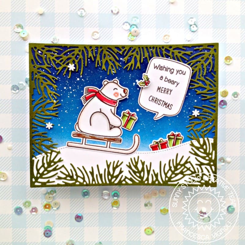 Sunny Studio Stamps Sledding Polar Bear Holiday Card using Christmas Garland Frame A2 Background Backdrop Metal Cutting Die