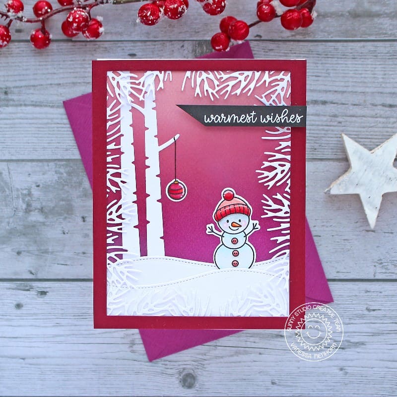 Sunny Studio Stamps Warmest Wishes Violet & White Snowman Handmade Holiday Christmas Card using Christmas Garland Frame Dies