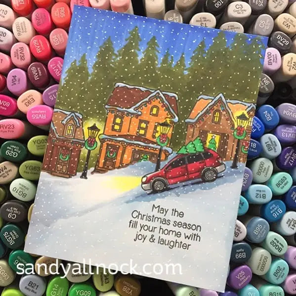 Sunny Studio Stamps Christmas Home Holiday Card using Copics to set scene