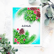 Sunny Studio Deck the Halls Holiday Holly, Berries and Pinecone Layered Handmade Card (using Christmas Trimmings 4x6 Layering Clear Photopolymer Stamps)