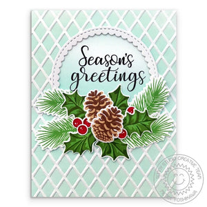 Sunny Studio Stamps Aqua Holly & Pinecones Christmas Card (using Dapper Diamonds Embossing Folder)