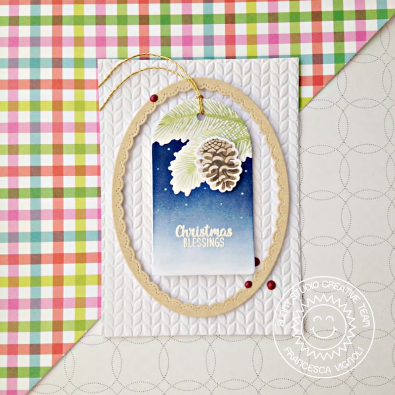 Sunny Studio Stamps Pinecones and Evergreen Tree Branch Embossed Christmas Card (using Cable Knit 6x6 Embossing Folder)