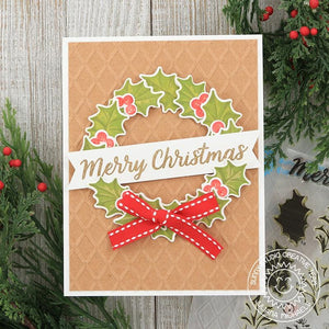 Sunny Studio Stamps Holiday Holly Wreath Kraft Card (using Dapper Diamonds Embossing Folder)