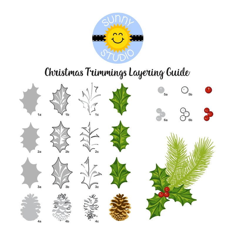 Sunny Studio Stamps Christmas Trimmings Stamp Layering Stamp Alignment Guide for Pinecone, Holly, Berries & Tree Branch