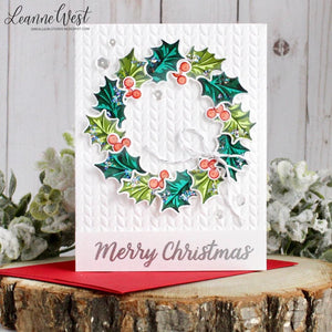 Sunny Studio Stamps Holly Wreath Embossed Christmas Card using Cable Knit 6x6 Embossing Folders