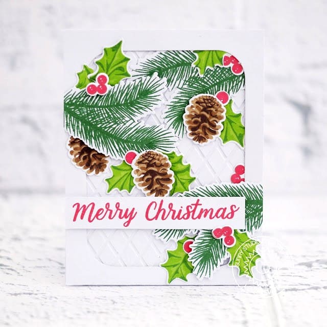 Sunny Studio Stamps Holly, Berries, Pinecones & Tree Sprigs Embossed Holiday Christmas Card using Dapper Diamonds 6x6 Embossing Folder