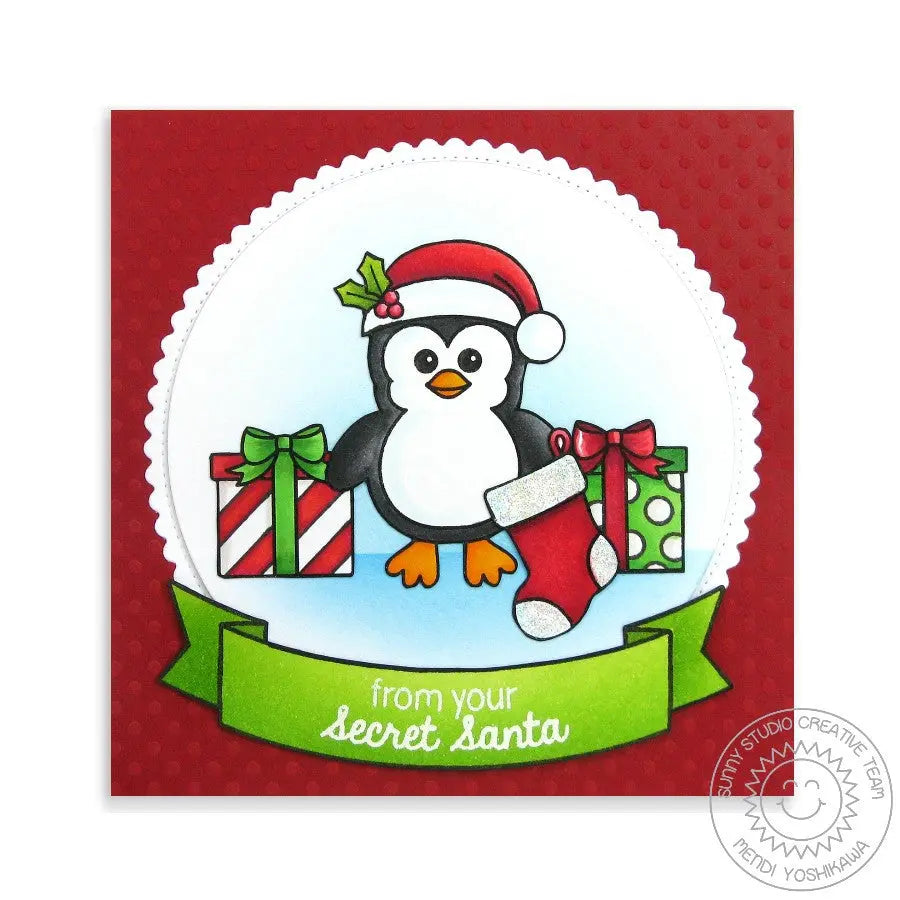 Sunny Studio Stamps Bundled Up Penguin Christmas Stocking & Presents Card