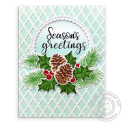 Sunny Studio Stamps Christmas Trimmings Season's Greeting Aqua Embossed Holly & Pinecones card